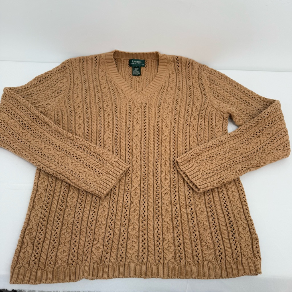 Nwt Lauren Ralph Lauren V-Neck Cable Knit Long Sleeve Sweater Size L Camel